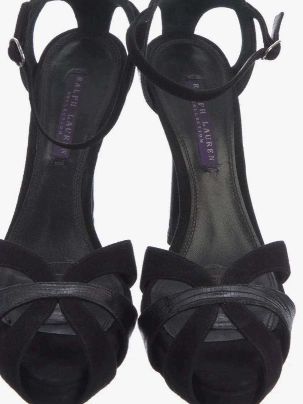 VintageRalph Lauren Black Suede Ankle-Strap Peep-Toe Heels with Crossband Detai